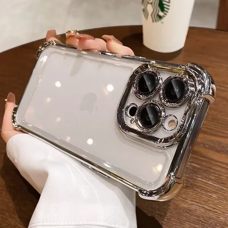 Luxury iPhone Clear Soft Case with Camera Protector — Plating Airbag Design, Shockproof Transparent Cover, Anti-Fingerprint Scratch-Resistant Non-Slip Finish
