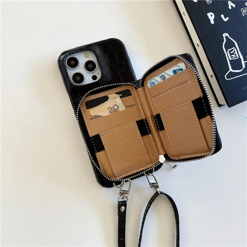 Luxury iPhone Crossbody Wallet Case Crocodile Texture — PU Leather Zipper Cover with Card Holder, Adjustable Strap, Shockproof Anti-Fingerprint Protection