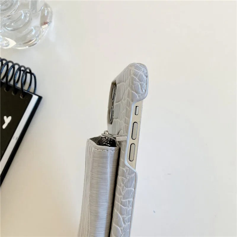 Luxury iPhone Crossbody Wallet Case Crocodile Texture — PU Leather Zipper Cover with Card Holder, Adjustable Strap, Shockproof Anti-Fingerprint Protection