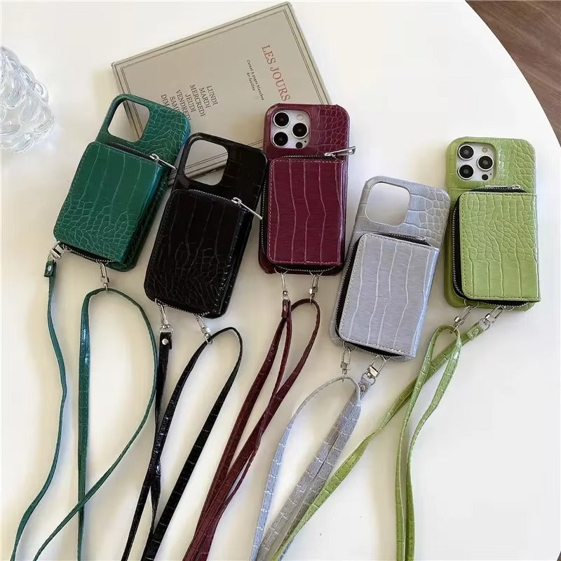 Luxury iPhone Crossbody Wallet Case Crocodile Texture — PU Leather Zipper Cover with Card Holder, Adjustable Strap, Shockproof Anti-Fingerprint Protection