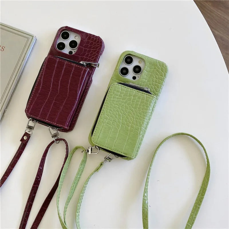 Luxury iPhone Crossbody Wallet Case Crocodile Texture — PU Leather Zipper Cover with Card Holder, Adjustable Strap, Shockproof Anti-Fingerprint Protection