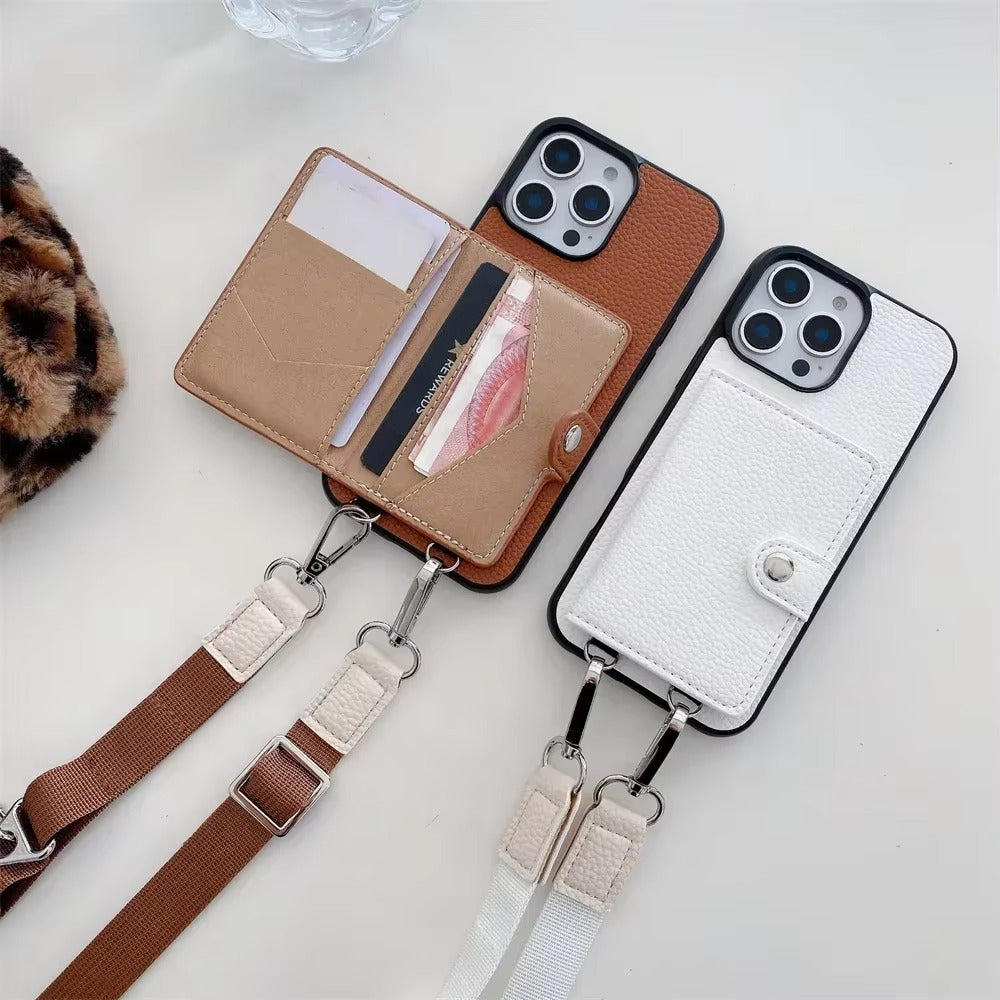 Luxury iPhone Crossbody Wallet Case with Card Slots — PU Leather Cover, Zipper Coin Purse, Long Lanyard Strap, Shockproof Drop Protection, Full Access Design