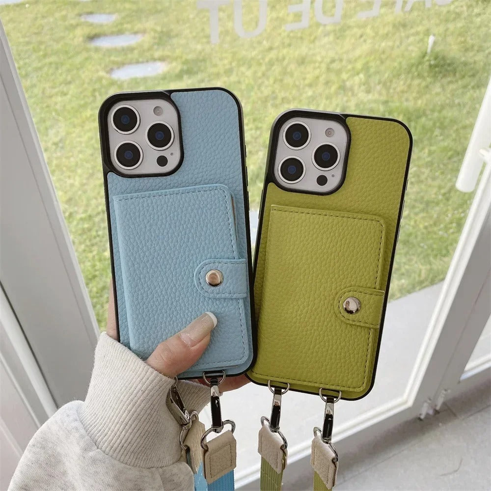 Luxury iPhone Crossbody Wallet Case with Card Slots — PU Leather Cover, Zipper Coin Purse, Long Lanyard Strap, Shockproof Drop Protection, Full Access Design