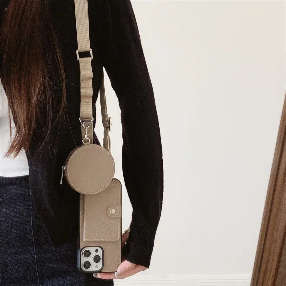 Luxury iPhone Crossbody Wallet Case with Card Slots — PU Leather Cover, Zipper Coin Purse, Long Lanyard Strap, Shockproof Drop Protection, Full Access Design