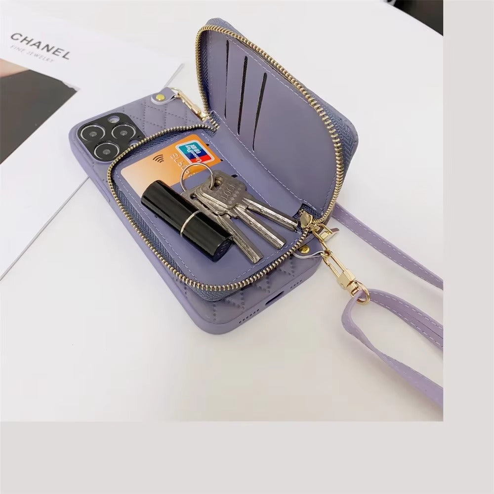 Luxury iPhone Crossbody Wallet Case with Card Slots — PU Leather Cover, Zipper Purse Design, Lanyard Strap, Kickstand Function, Dual Layer Full Protection