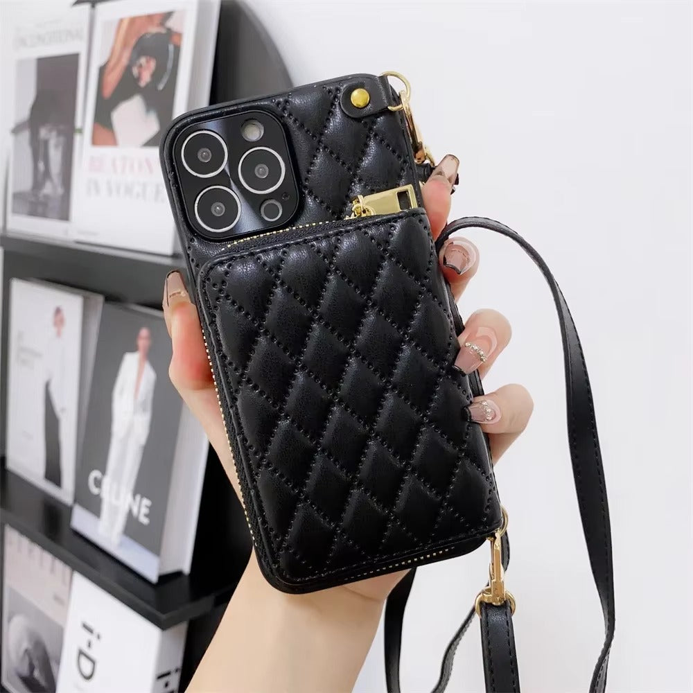Luxury iPhone Crossbody Wallet Case with Card Slots — PU Leather Cover, Zipper Purse Design, Lanyard Strap, Kickstand Function, Dual Layer Full Protection
