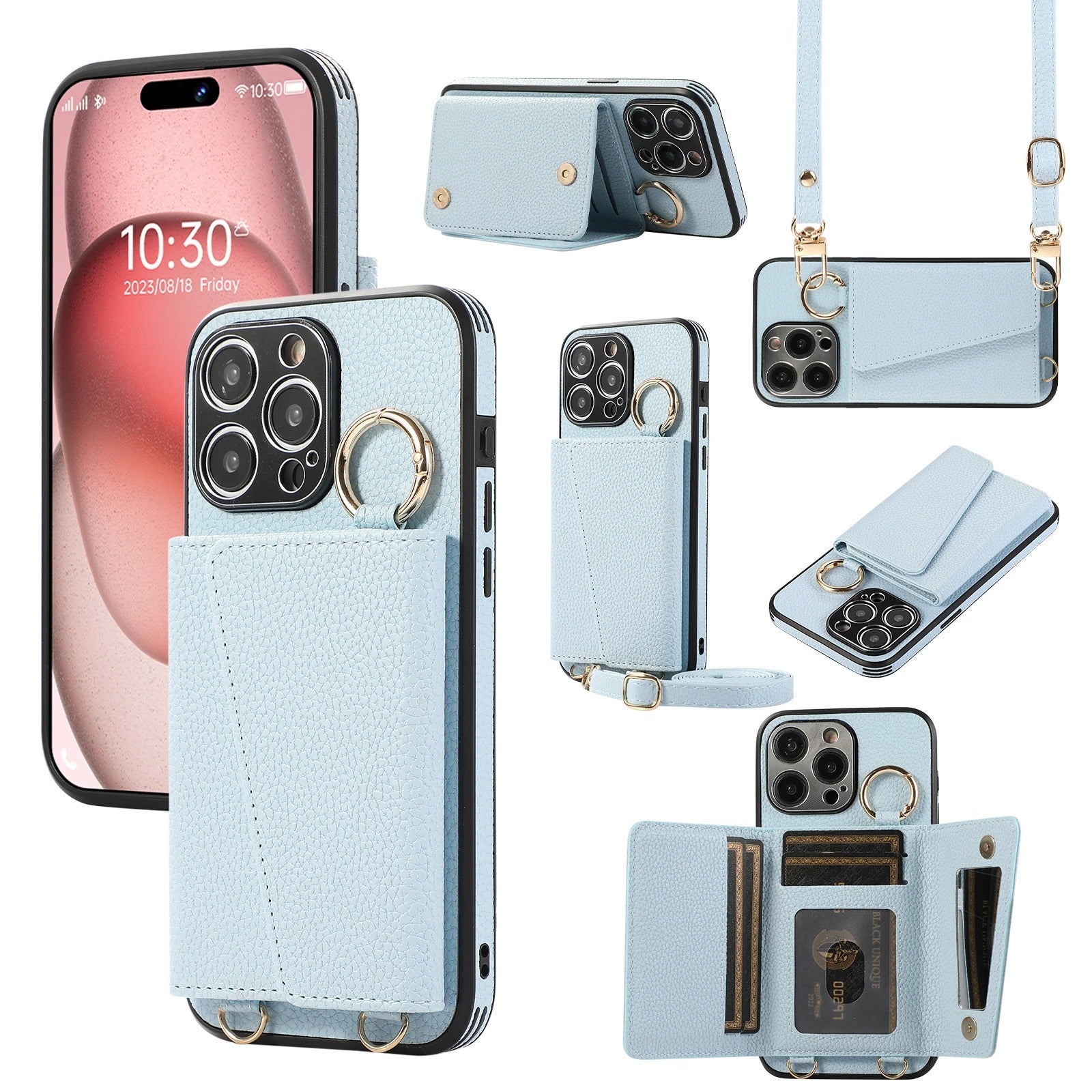 Luxury iPhone Crossbody Wallet Case with Makeup Mirror — Leather Cover, Card Pocket, Ring Holder Stand, Lanyard Strap, Shockproof Anti-Fingerprint Protection
