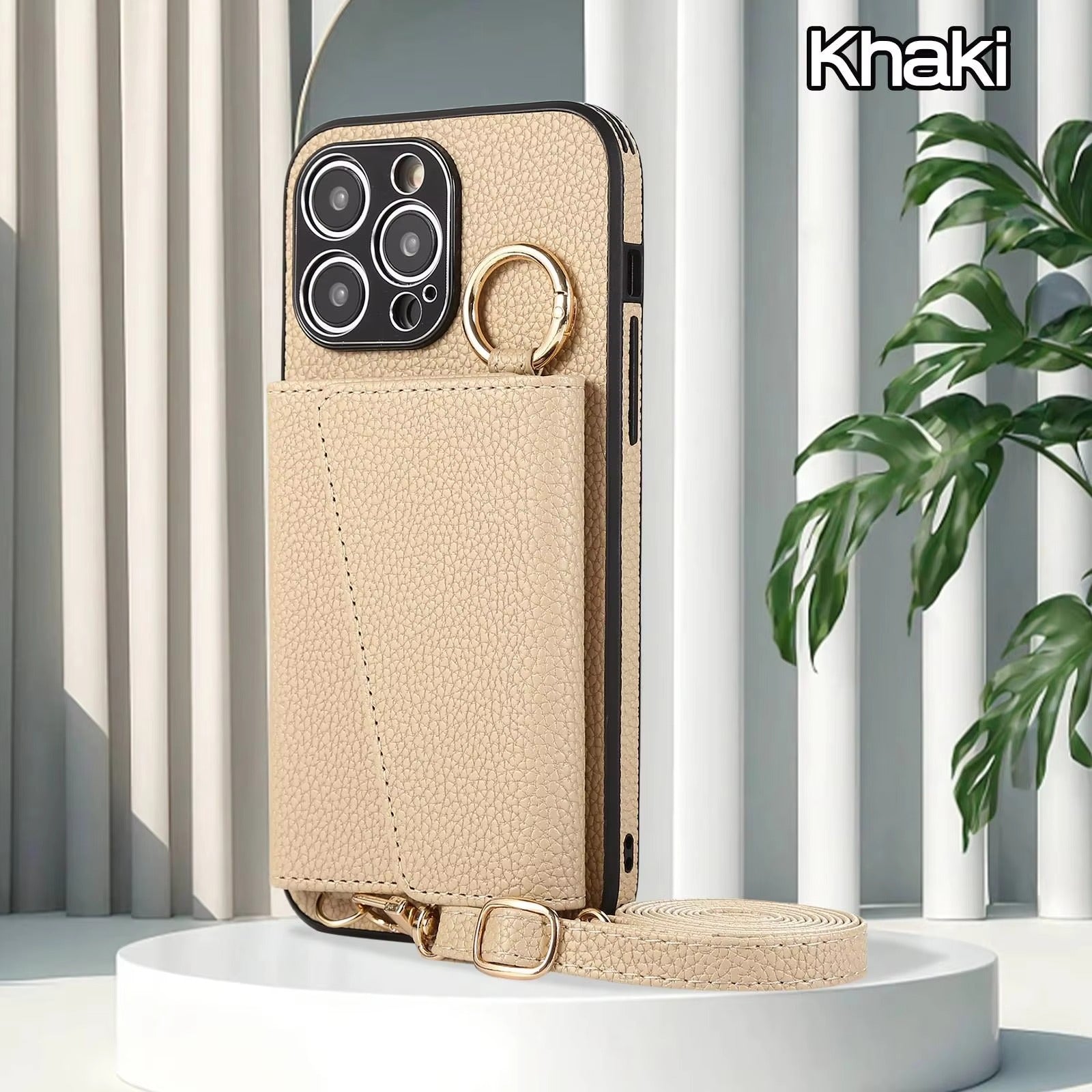 Luxury iPhone Crossbody Wallet Case with Makeup Mirror — Leather Cover, Card Pocket, Ring Holder Stand, Lanyard Strap, Shockproof Anti-Fingerprint Protection