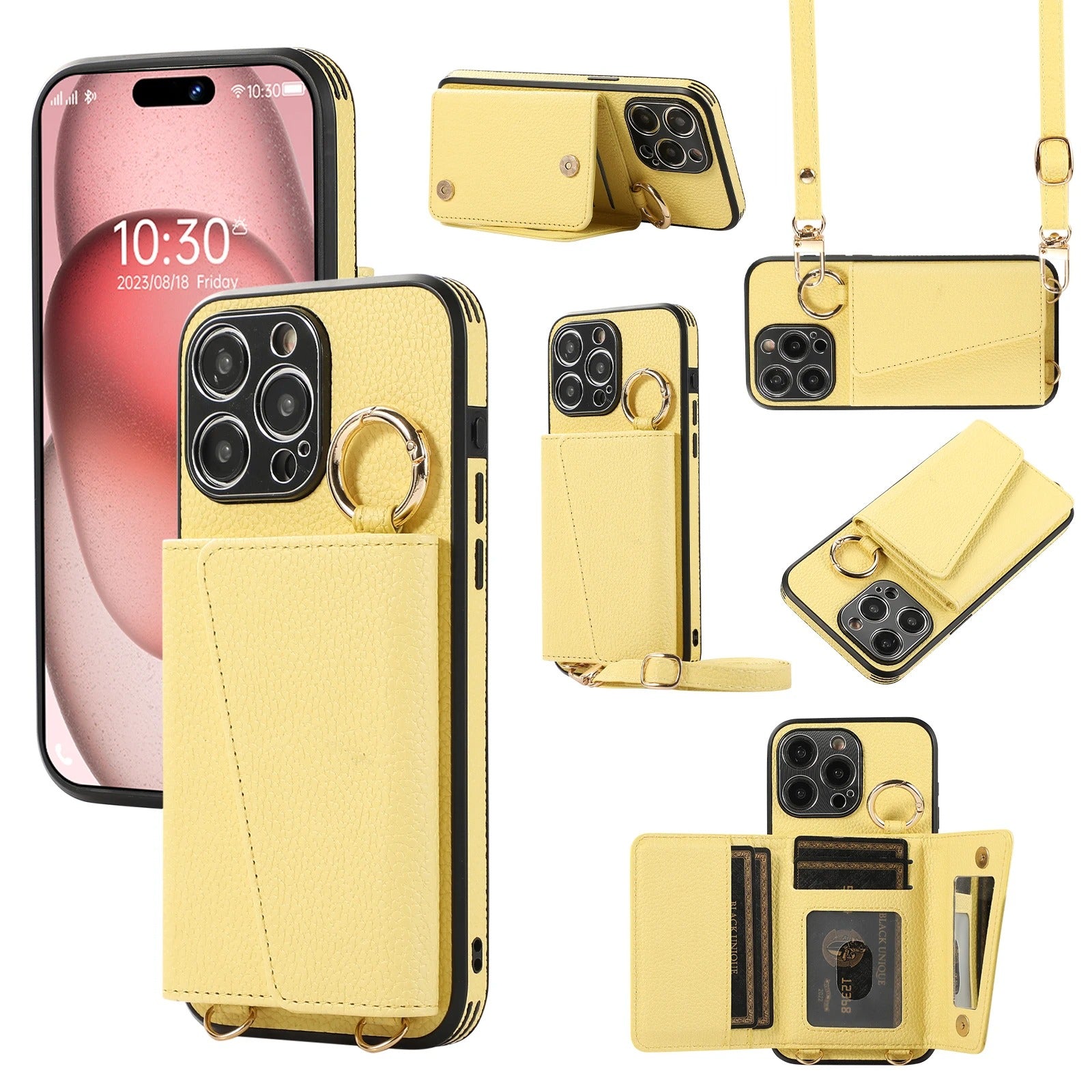 Luxury iPhone Crossbody Wallet Case with Makeup Mirror — Leather Cover, Card Pocket, Ring Holder Stand, Lanyard Strap, Shockproof Anti-Fingerprint Protection
