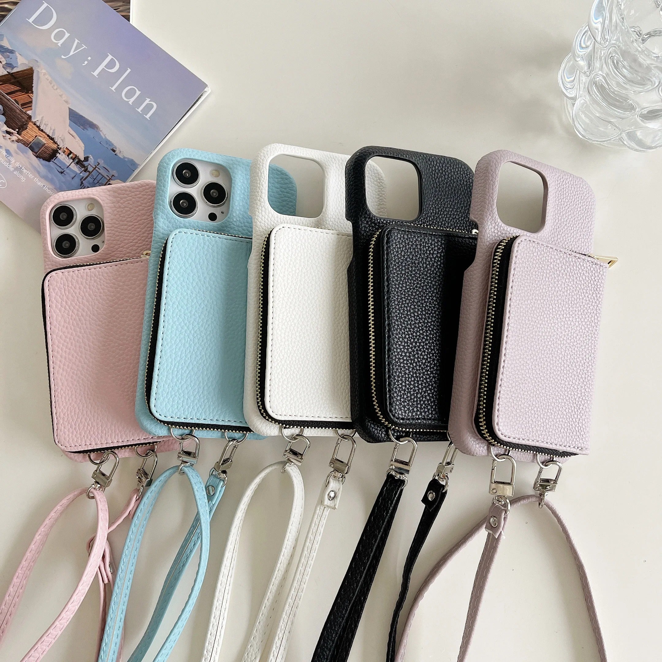 Luxury iPhone Crossbody Wallet Case with Zipper — PU Leather Cover, Card Slots, Adjustable Strap, Shockproof Full Body Protection, Anti-Fingerprint Finish