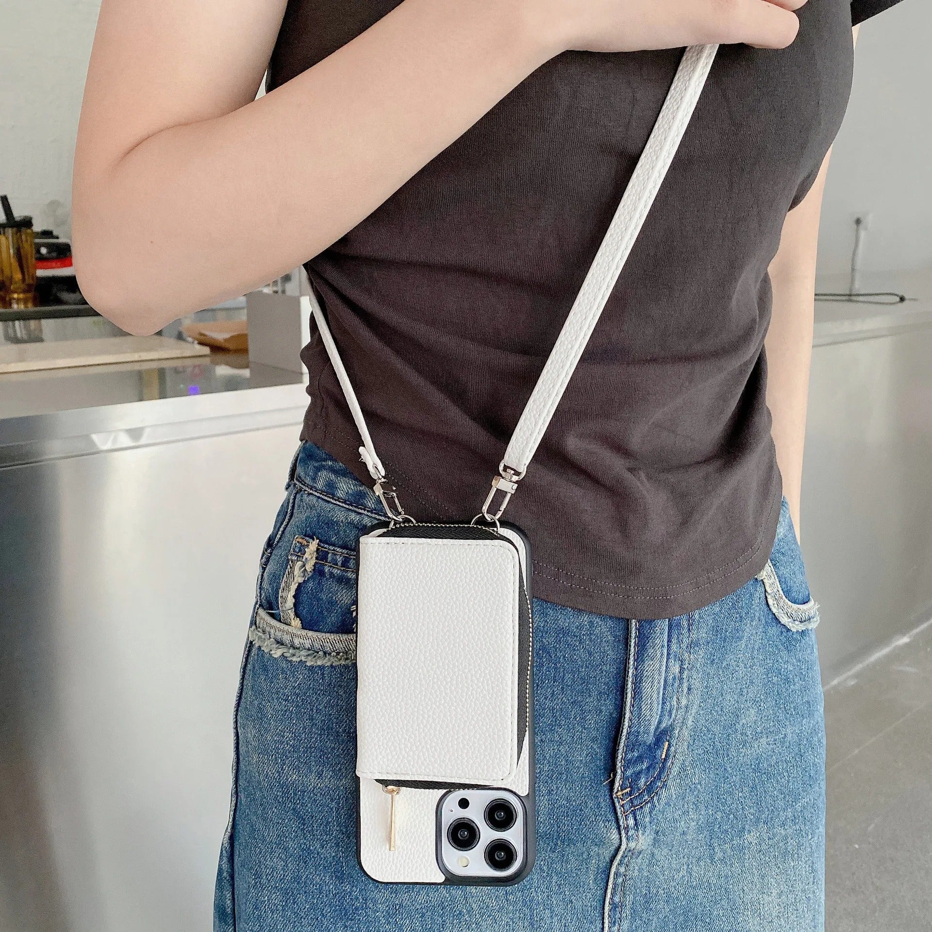 Luxury iPhone Crossbody Wallet Case with Zipper — PU Leather Cover, Card Slots, Adjustable Strap, Shockproof Full Body Protection, Anti-Fingerprint Finish