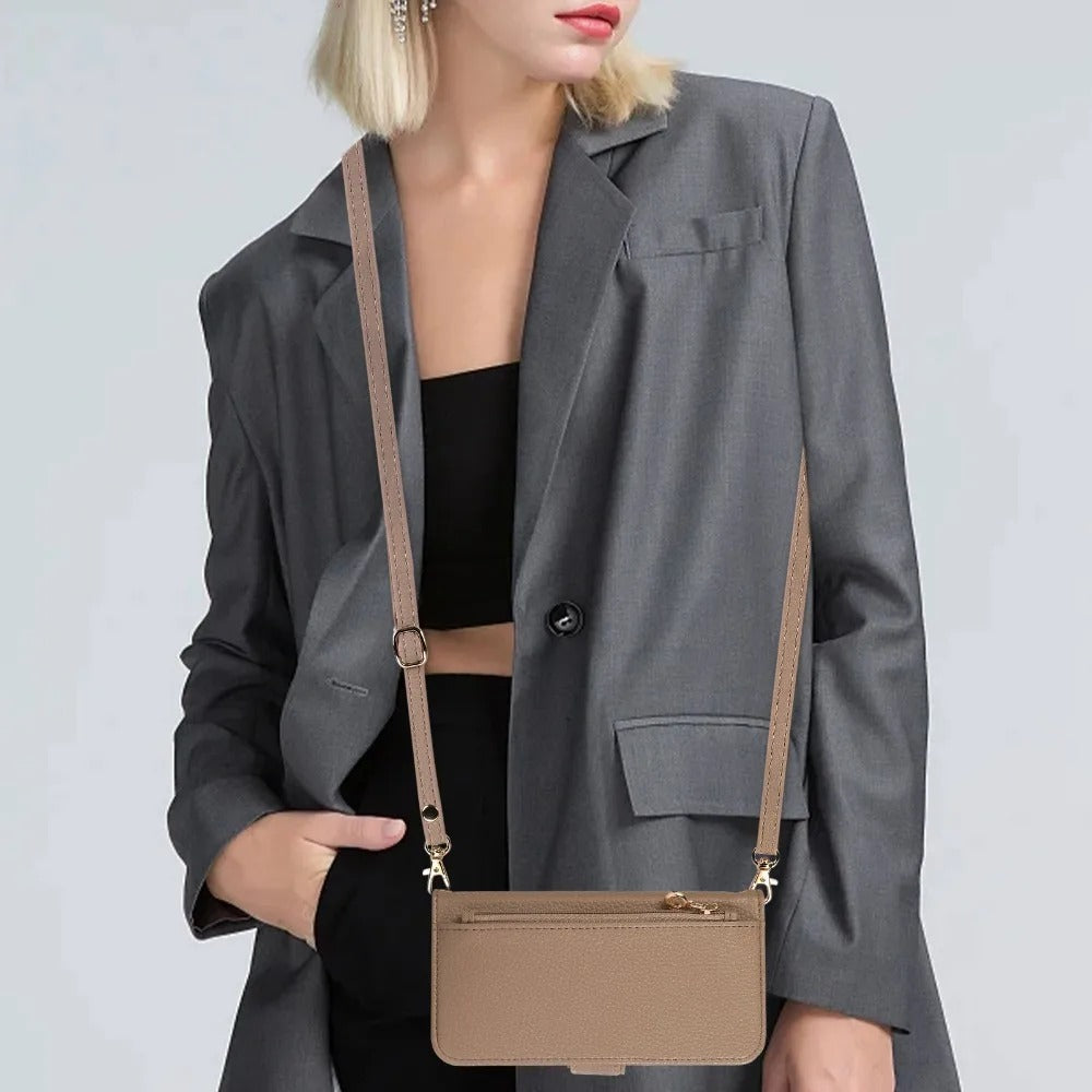 Luxury iPhone Crossbody Zipper Wallet Case — PU Leather Cover with Card Holder, Adjustable Strap, Shockproof Drop Protection, Anti-Fingerprint Scratch-Resistant Design