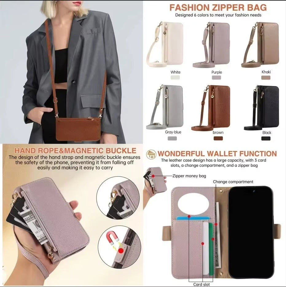 Luxury iPhone Crossbody Zipper Wallet Case — PU Leather Cover with Card Holder, Adjustable Strap, Shockproof Drop Protection, Anti-Fingerprint Scratch-Resistant Design