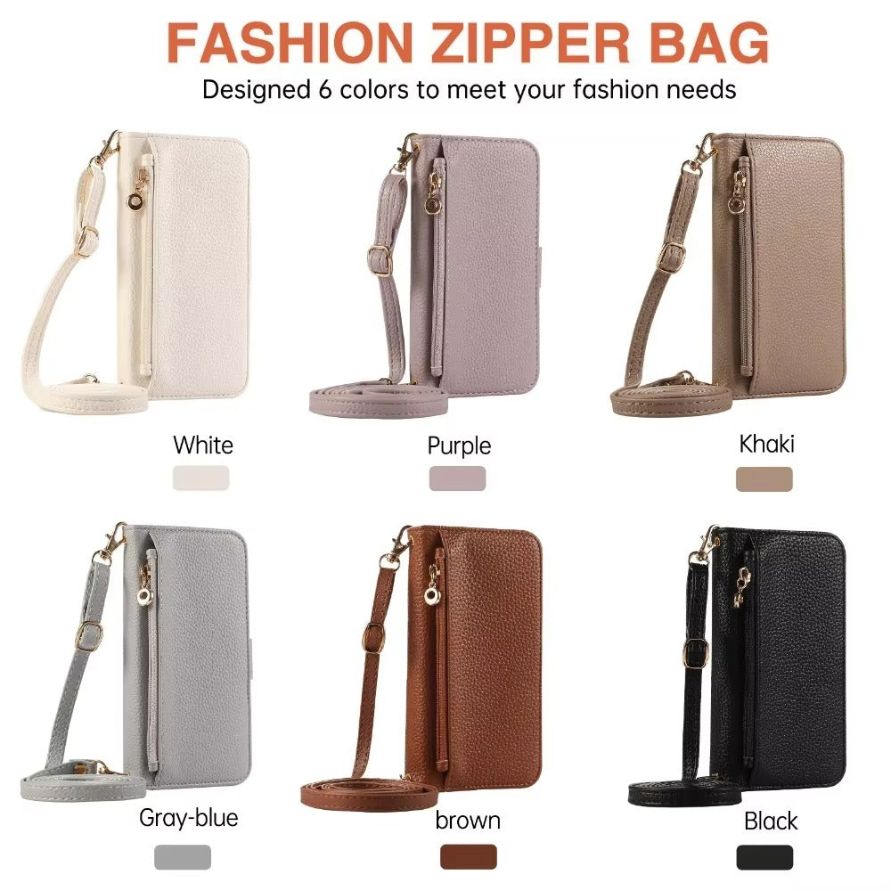 Luxury iPhone Crossbody Zipper Wallet Case — PU Leather Cover with Card Holder, Adjustable Strap, Shockproof Drop Protection, Anti-Fingerprint Scratch-Resistant Design