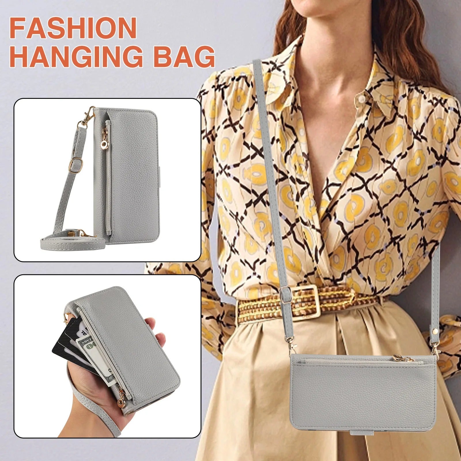 Luxury iPhone Crossbody Zipper Wallet Case — PU Leather Cover with Card Holder, Adjustable Strap, Shockproof Drop Protection, Anti-Fingerprint Scratch-Resistant Design