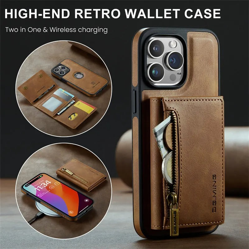 Luxury iPhone DG.Ming Magnetic Flip Leather Wallet Case — Zipper Card Holder Back Cover, Dual Layer Shockproof Design, Wireless Charging Compatible