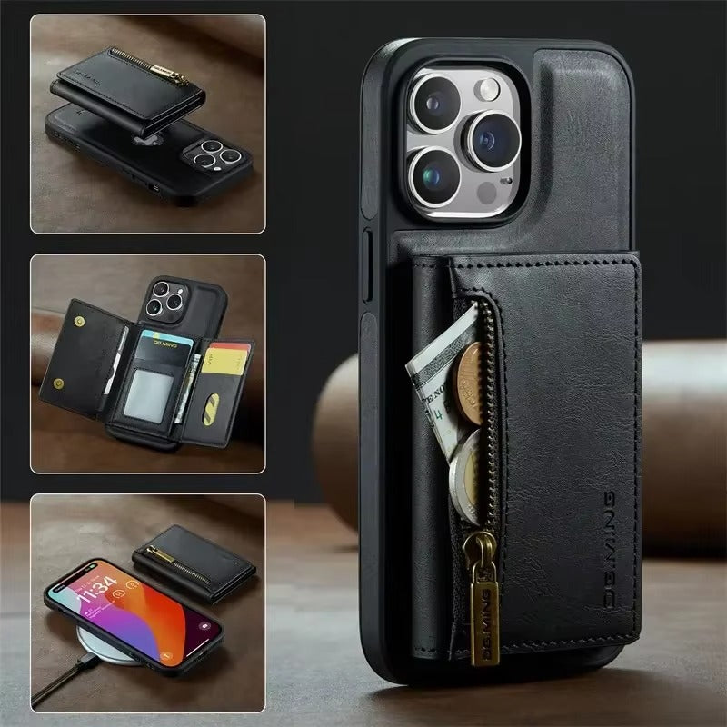 Luxury iPhone DG.Ming Magnetic Flip Leather Wallet Case — Zipper Card Holder Back Cover, Dual Layer Shockproof Design, Wireless Charging Compatible