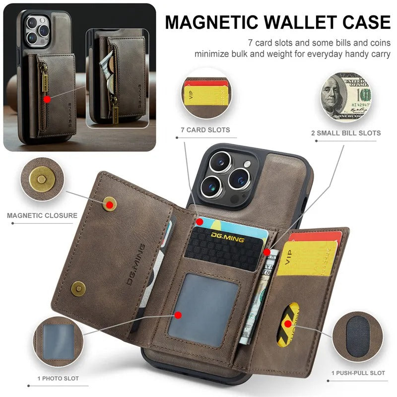 Luxury iPhone DG.Ming Magnetic Flip Leather Wallet Case — Zipper Card Holder Back Cover, Dual Layer Shockproof Design, Wireless Charging Compatible