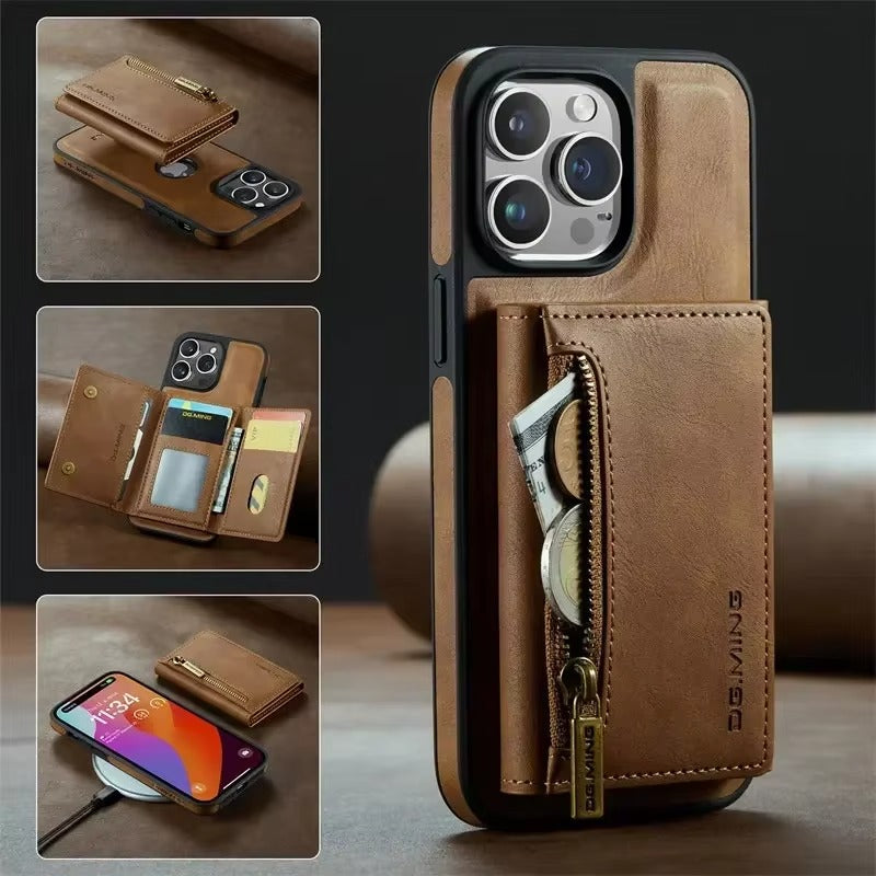 Luxury iPhone DG.Ming Magnetic Flip Leather Wallet Case — Zipper Card Holder Back Cover, Dual Layer Shockproof Design, Wireless Charging Compatible