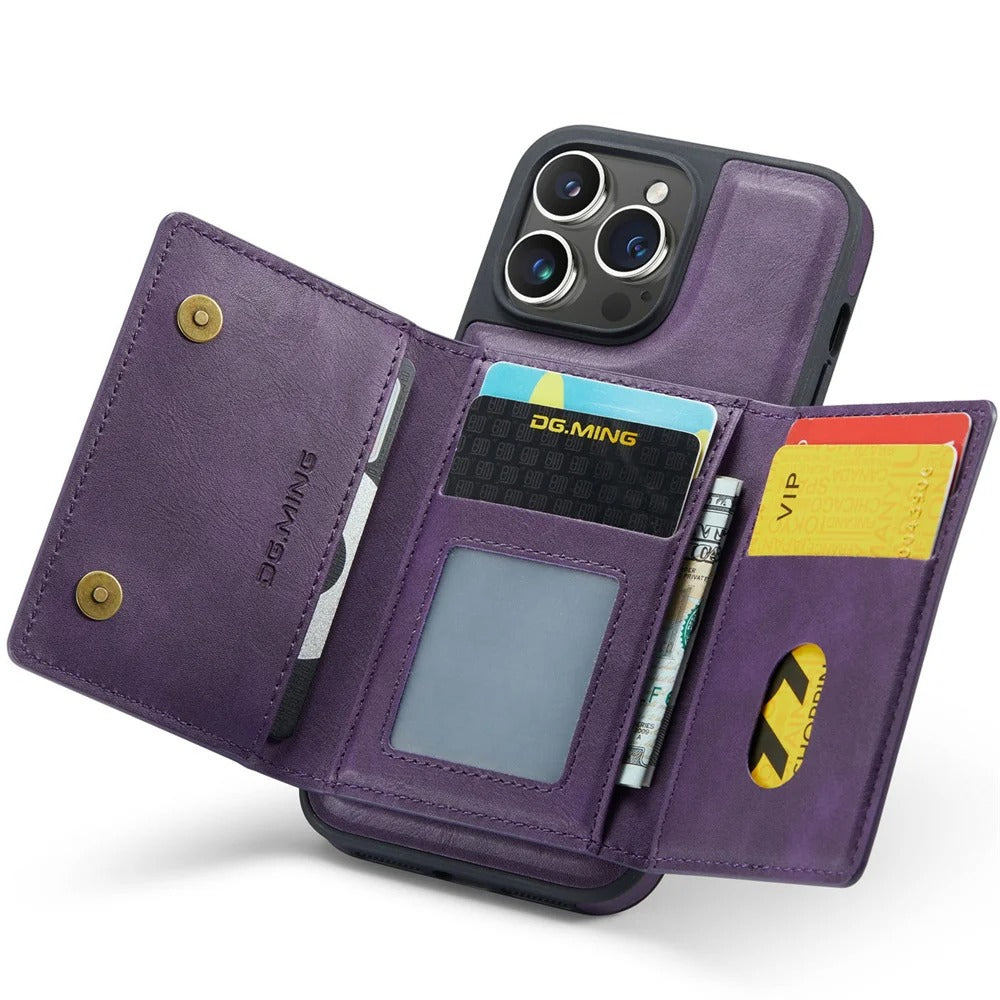 Luxury iPhone DG.Ming Magnetic Flip Leather Wallet Case — Zipper Card Holder Back Cover, Dual Layer Shockproof Design, Wireless Charging Compatible