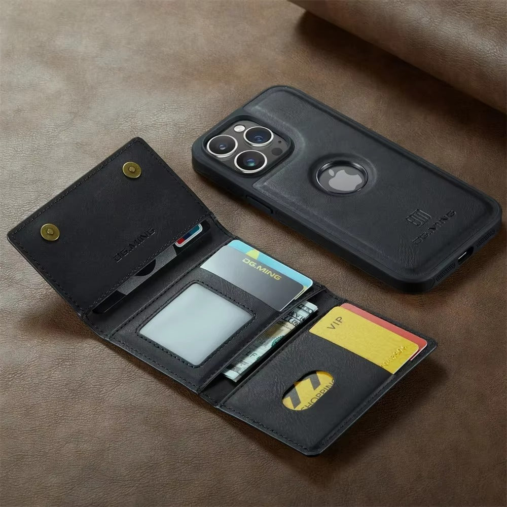 Luxury iPhone DG.Ming Magnetic Flip Leather Wallet Case — Zipper Card Holder Back Cover, Dual Layer Shockproof Design, Wireless Charging Compatible