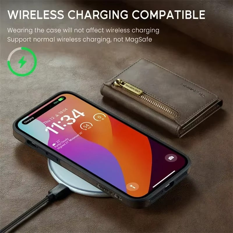 Luxury iPhone DG.Ming Magnetic Flip Leather Wallet Case — Zipper Card Holder Back Cover, Dual Layer Shockproof Design, Wireless Charging Compatible