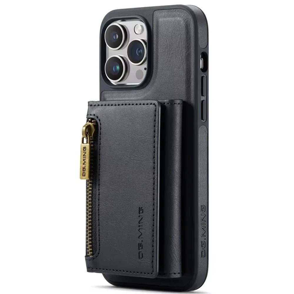 Luxury iPhone DG.Ming Magnetic Flip Leather Wallet Case — Zipper Card Holder Back Cover, Dual Layer Shockproof Design, Wireless Charging Compatible