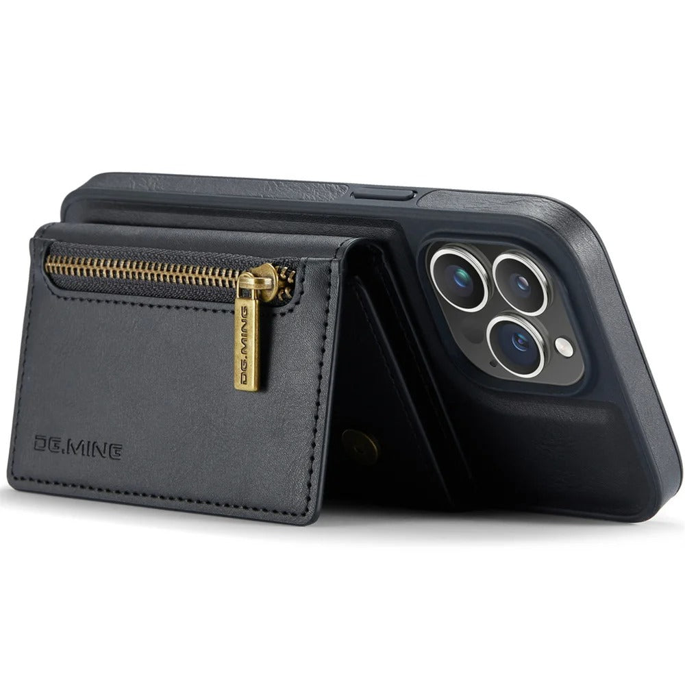 Luxury iPhone DG.Ming Magnetic Flip Leather Wallet Case — Zipper Card Holder Back Cover, Dual Layer Shockproof Design, Wireless Charging Compatible