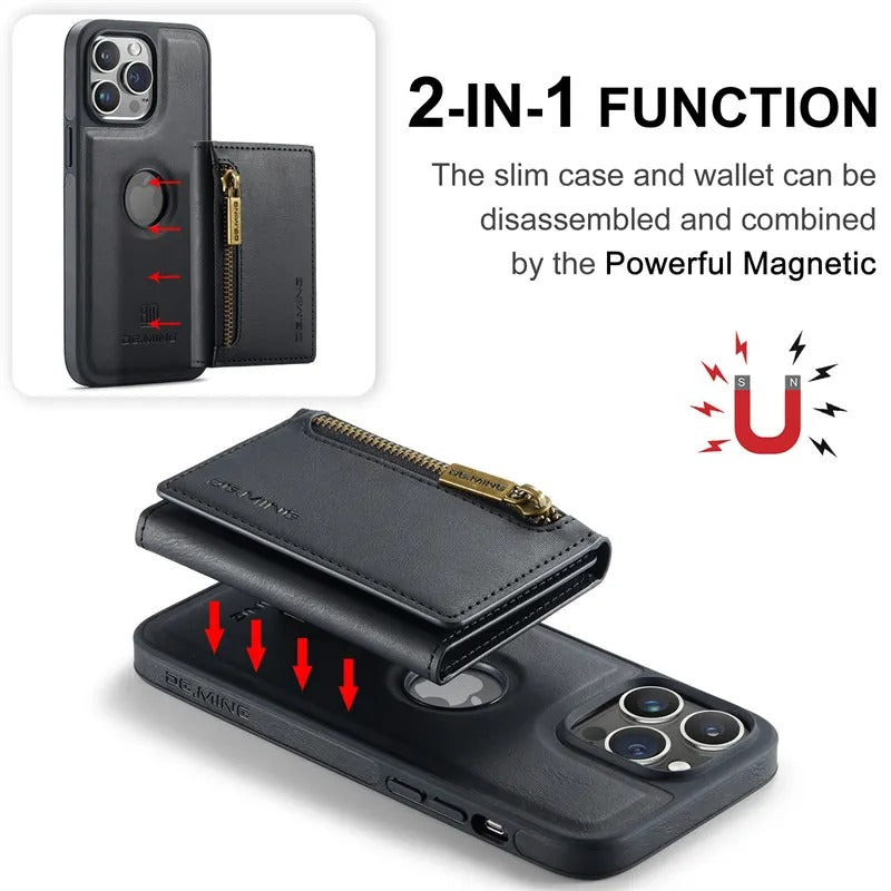Luxury iPhone DG.Ming Magnetic Flip Leather Wallet Case — Zipper Card Holder Back Cover, Dual Layer Shockproof Design, Wireless Charging Compatible