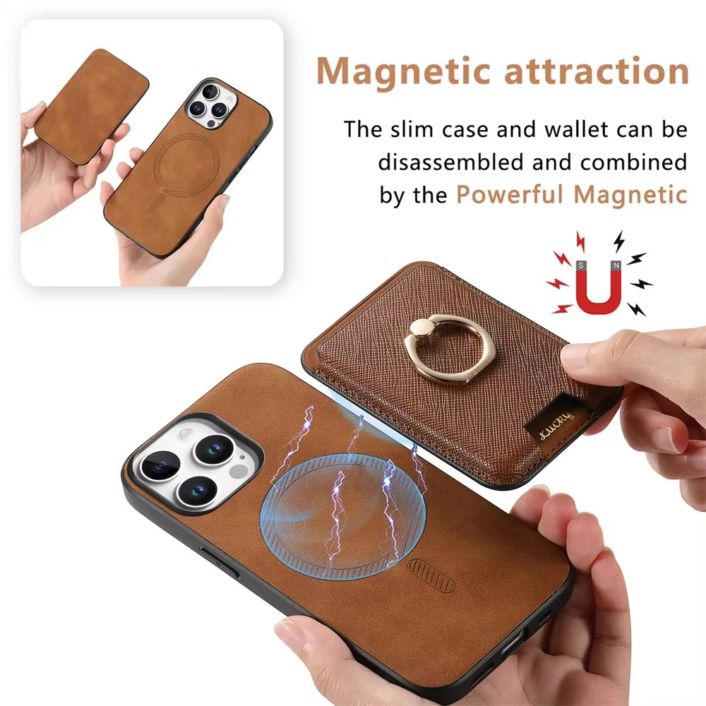 Luxury iPhone Detachable Magnetic Wallet Case — Leather Cover with Card Holder, Ring Stand Function, Shockproof Protection, Anti-Fingerprint Scratch-Resistant Design