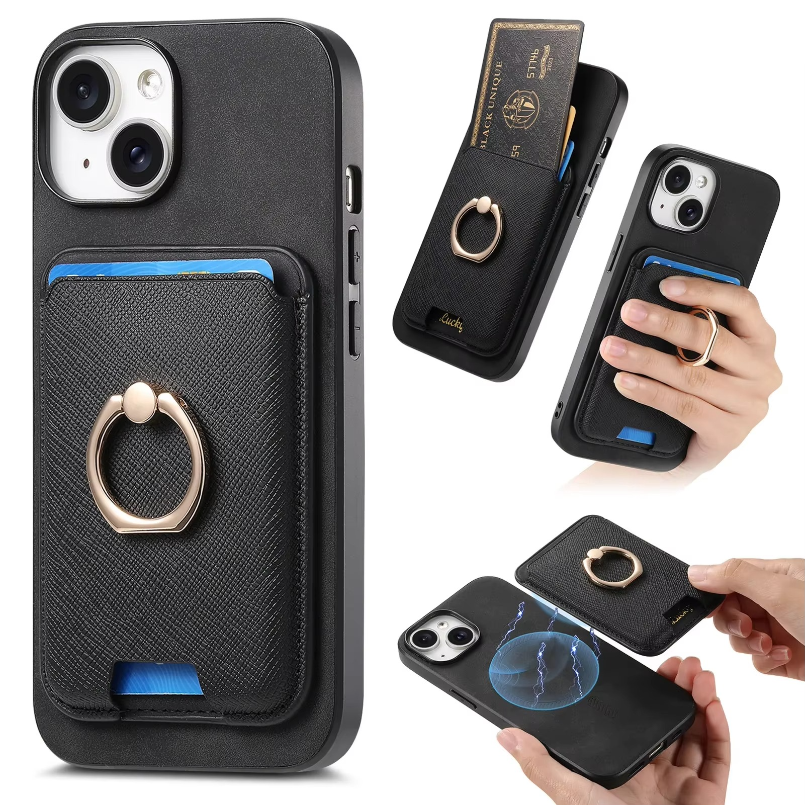 Luxury iPhone Detachable Magnetic Wallet Case — Leather Cover with Card Holder, Ring Stand Function, Shockproof Protection, Anti-Fingerprint Scratch-Resistant Design