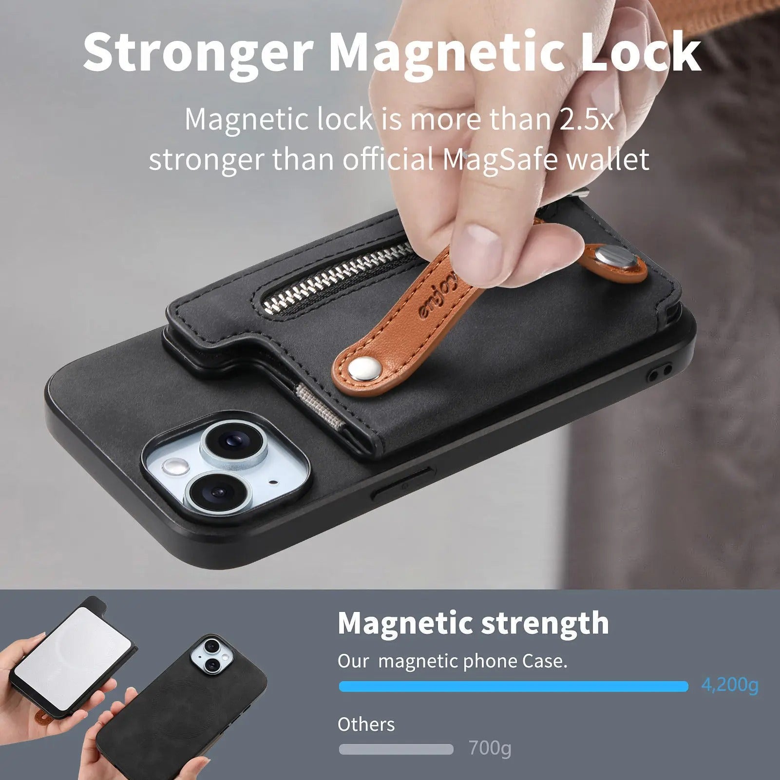 Luxury iPhone Detachable Zipper Wallet Case — Magnetic Flip Leather Cover with Card Slots, Wrist Strap, Kickstand Function, Full Body Shockproof Protection