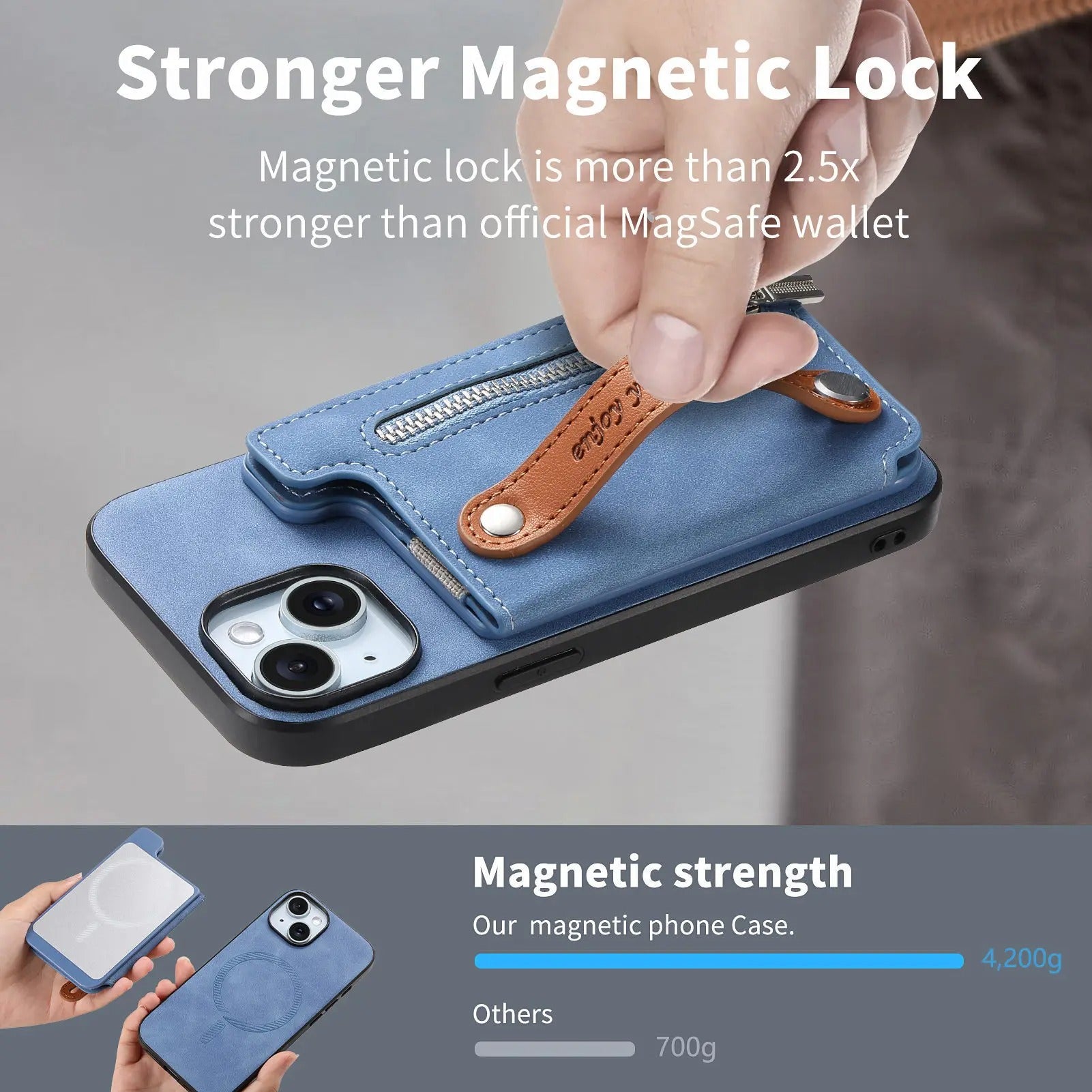 Luxury iPhone Detachable Zipper Wallet Case — Magnetic Flip Leather Cover with Card Slots, Wrist Strap, Kickstand Function, Full Body Shockproof Protection