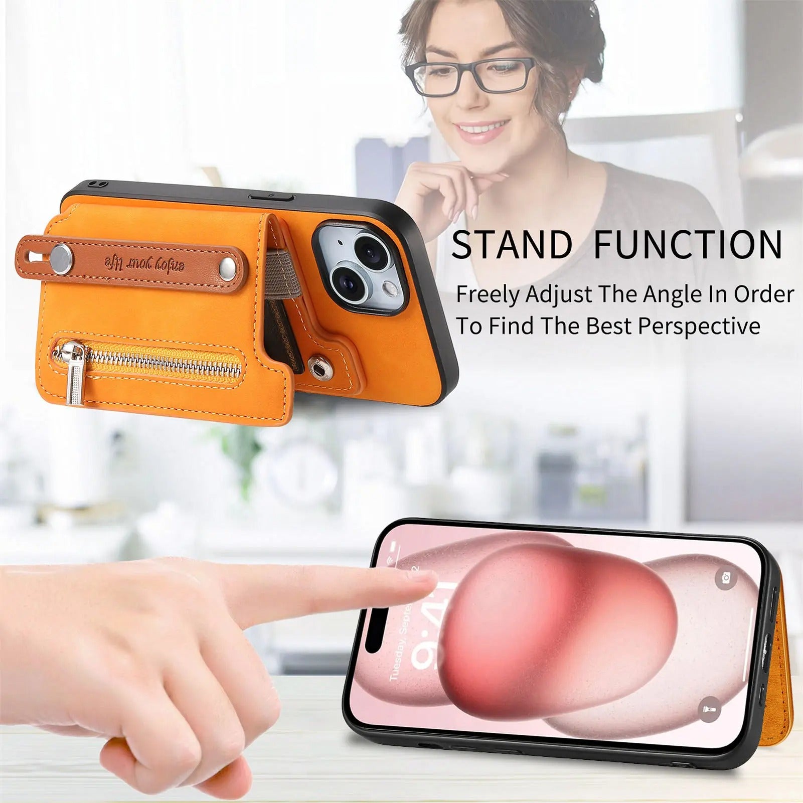 Luxury iPhone Detachable Zipper Wallet Case — Magnetic Flip Leather Cover with Card Slots, Wrist Strap, Kickstand Function, Full Body Shockproof Protection