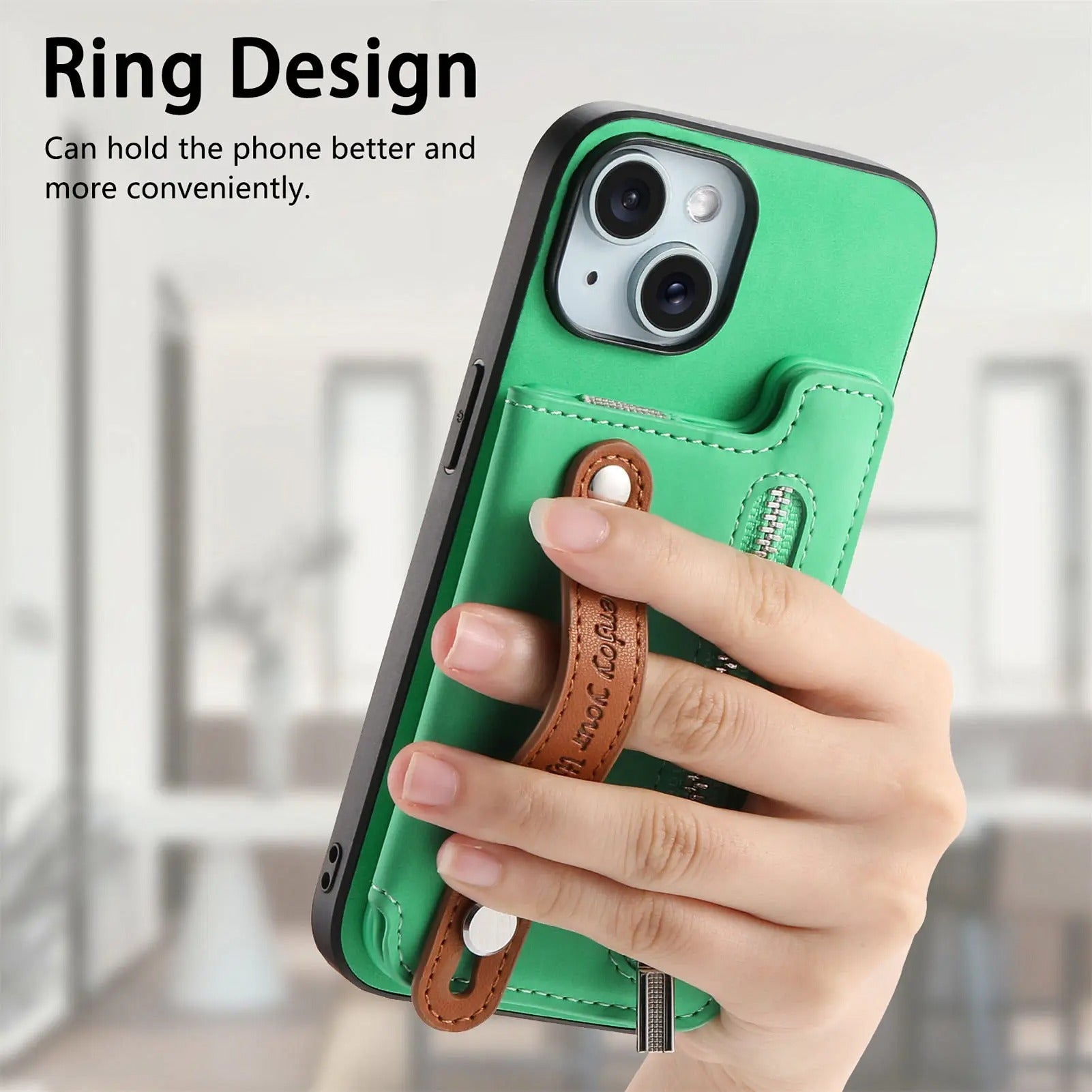 Luxury iPhone Detachable Zipper Wallet Case — Magnetic Flip Leather Cover with Card Slots, Wrist Strap, Kickstand Function, Full Body Shockproof Protection