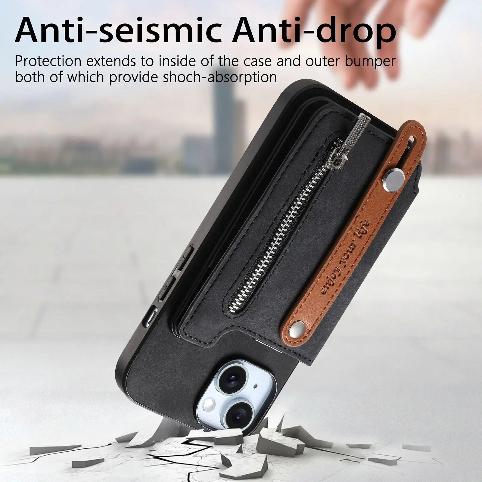 Luxury iPhone Detachable Zipper Wallet Case — Magnetic Flip Leather Cover with Card Slots, Wrist Strap, Kickstand Function, Full Body Shockproof Protection