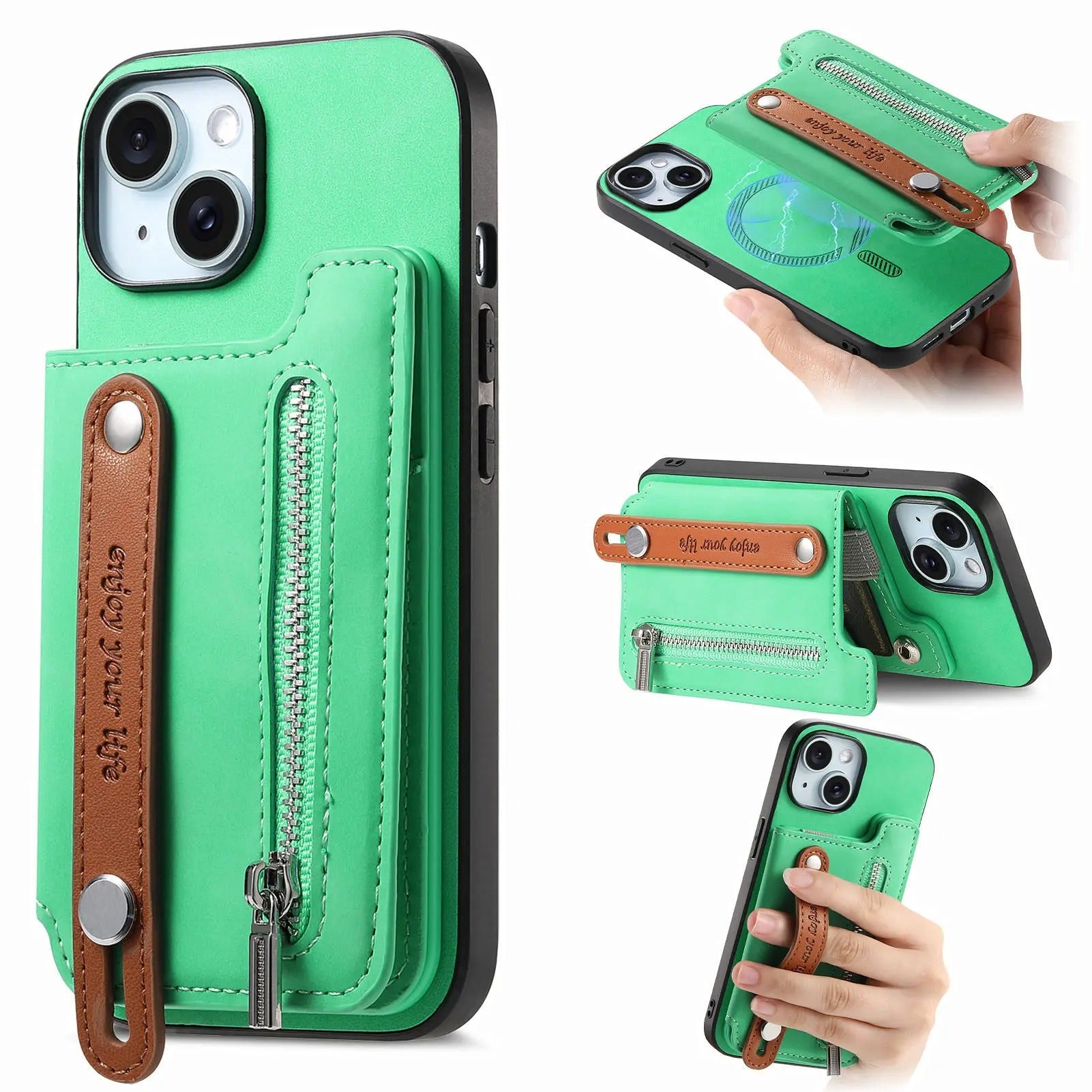 Luxury iPhone Detachable Zipper Wallet Case — Magnetic Flip Leather Cover with Card Slots, Wrist Strap, Kickstand Function, Full Body Shockproof Protection