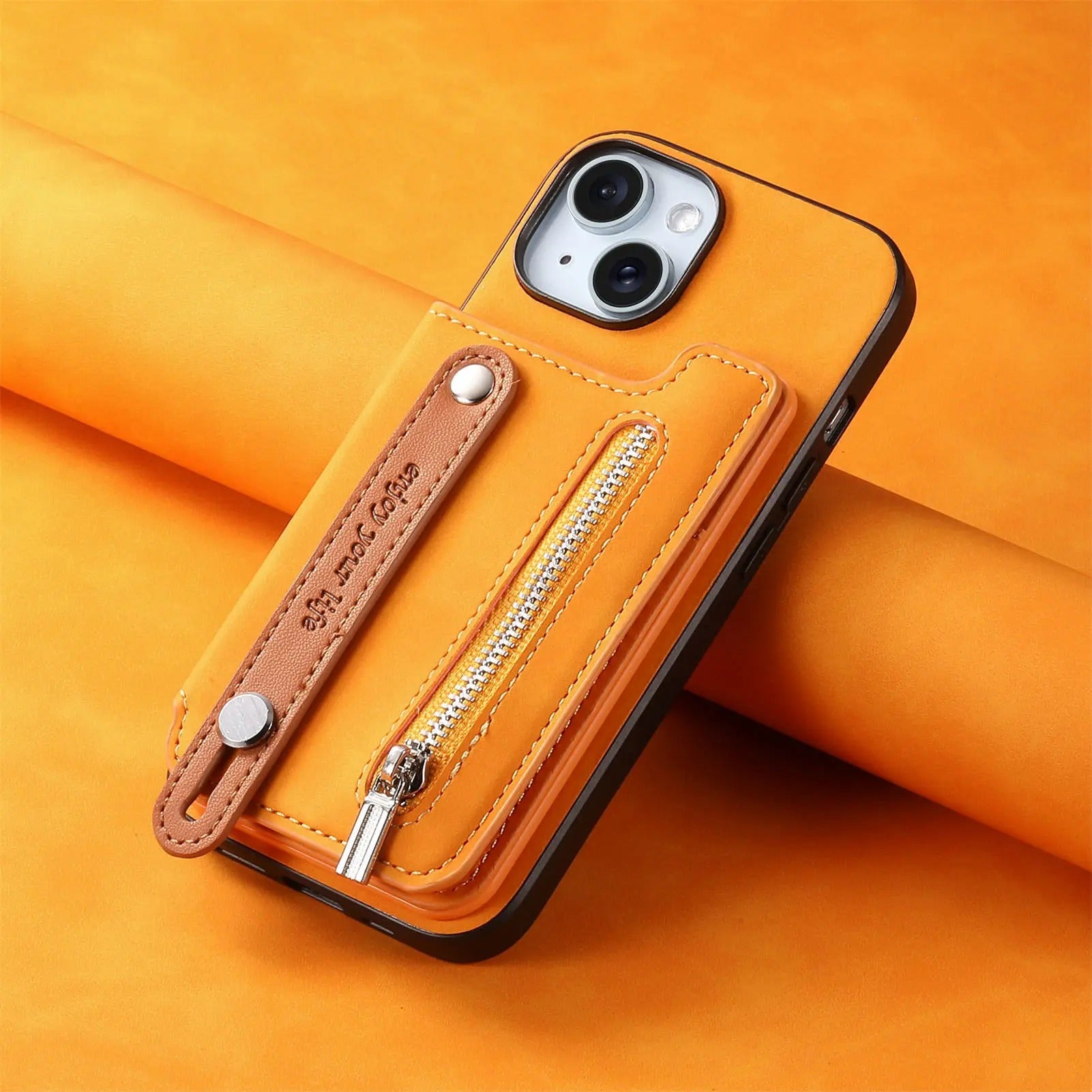 Luxury iPhone Detachable Zipper Wallet Case — Magnetic Flip Leather Cover with Card Slots, Wrist Strap, Kickstand Function, Full Body Shockproof Protection