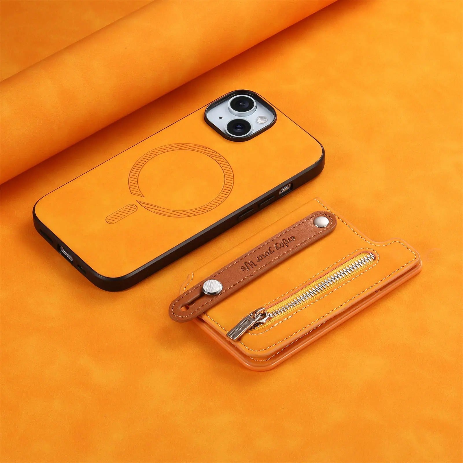 Luxury iPhone Detachable Zipper Wallet Case — Magnetic Flip Leather Cover with Card Slots, Wrist Strap, Kickstand Function, Full Body Shockproof Protection