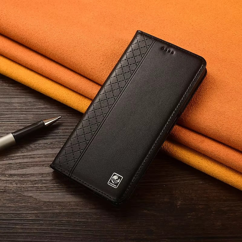 Luxury iPhone Flip Case Genuine Leather Cover — Magnetic Closure, Card Slot Holder, Business Style Design with Kickstand, Full Body Shockproof Protection