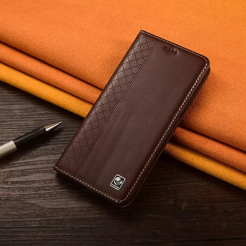 Luxury iPhone Flip Case Genuine Leather Cover — Magnetic Closure, Card Slot Holder, Business Style Design with Kickstand, Full Body Shockproof Protection