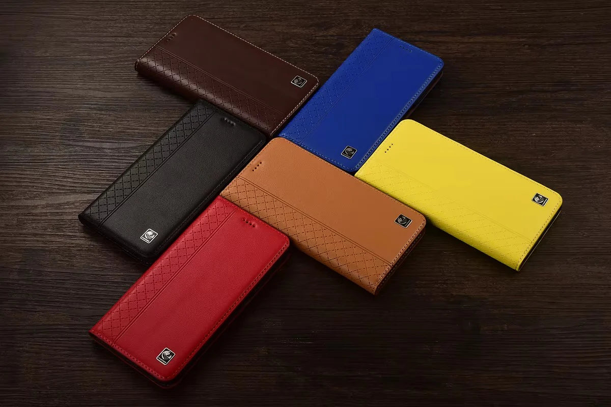 Luxury iPhone Flip Case Genuine Leather Cover — Magnetic Closure, Card Slot Holder, Business Style Design with Kickstand, Full Body Shockproof Protection