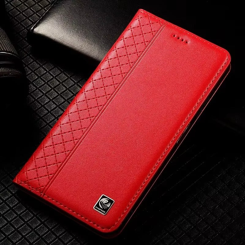 Luxury iPhone Flip Case Genuine Leather Cover — Magnetic Closure, Card Slot Holder, Business Style Design with Kickstand, Full Body Shockproof Protection