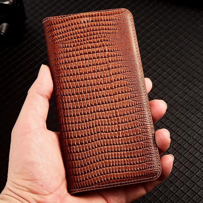 Luxury iPhone Flip Wallet Case Genuine Lizard Leather — Magnetic Closure, Kickstand Holder, Dustproof Non-Slip Design, Premium Full Body Protection