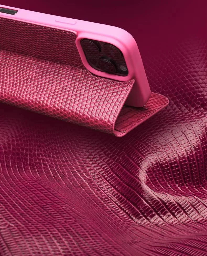 Luxury iPhone Flip Wallet Case Genuine Lizard Leather — Magnetic Closure, Kickstand Holder, Dustproof Non-Slip Design, Premium Full Body Protection