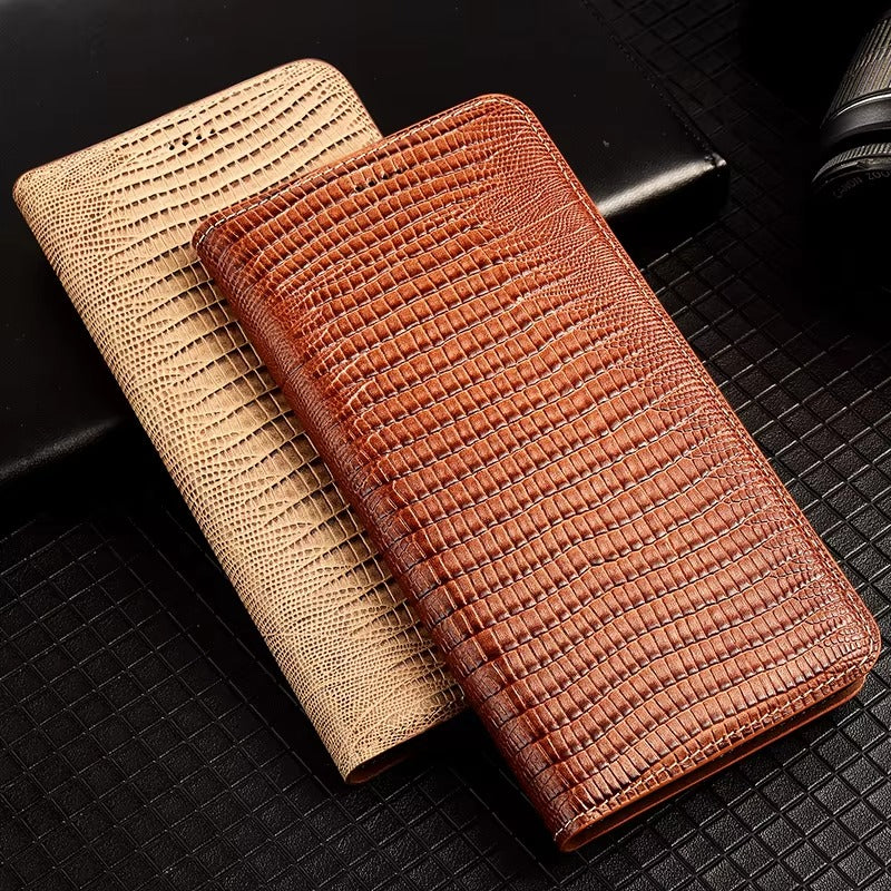 Luxury iPhone Flip Wallet Case Genuine Lizard Leather — Magnetic Closure, Kickstand Holder, Dustproof Non-Slip Design, Premium Full Body Protection