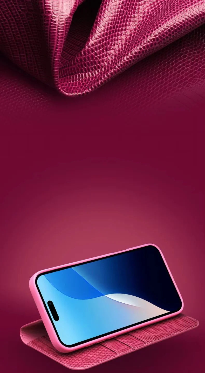 Luxury iPhone Flip Wallet Case Genuine Lizard Leather — Magnetic Closure, Kickstand Holder, Dustproof Non-Slip Design, Premium Full Body Protection