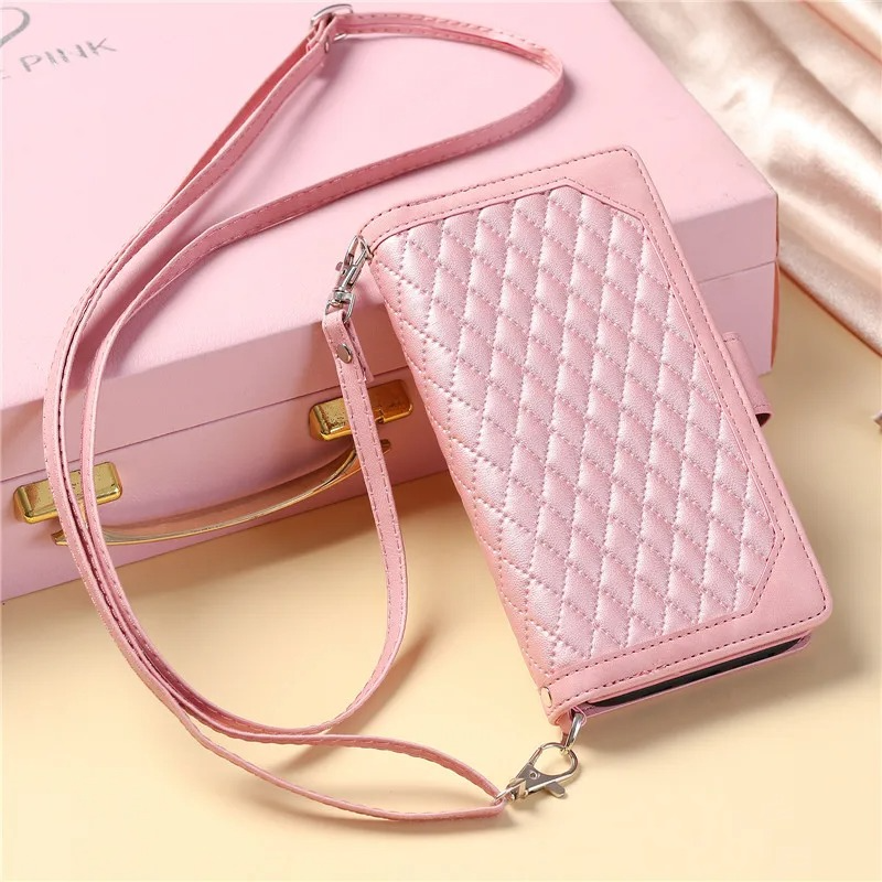 Luxury iPhone Crossbody Zipper Wallet Case — PU Leather Cover with Card Holder, Wrist Strap and Lanyard, Kickstand Function, Shockproof Anti-Fingerprint Design