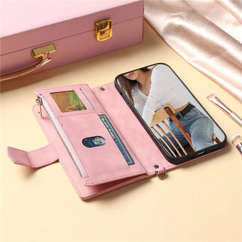 Luxury iPhone Crossbody Zipper Wallet Case — PU Leather Cover with Card Holder, Wrist Strap and Lanyard, Kickstand Function, Shockproof Anti-Fingerprint Design