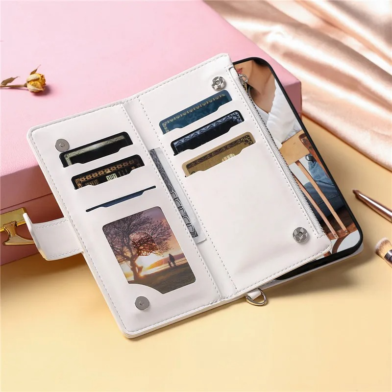 Luxury iPhone Crossbody Zipper Wallet Case — PU Leather Cover with Card Holder, Wrist Strap and Lanyard, Kickstand Function, Shockproof Anti-Fingerprint Design